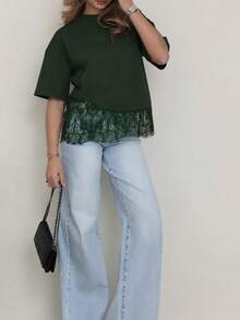 Solid Color Knit Fabric Lace Patchwork Short Sleeve T-Shirt For Women, Casual Sports Office Wear For Spring Summer - Dark Green - View 9