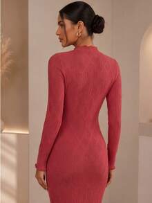 Vestido Midi Feminino Tricot Canelado Manga Longa Gola Alta Elegante - Goiaba - Visão 4