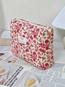 1 Stück/Set rote gesteppte Blumen-Make-up-Tasche mit großer Kapazität, Kosmetik-Aufbewahrungstasche mit Boho-Muster, Make-up-Pinsel-Organizer, Make-up-Box, Kulturbeutel, Strandurlaub, Abschlusszeit, Schulanfang, Reiseessentials, Zimmer, Badezimmer, Feiertagsgeschenk - Rot - Übersicht 8
