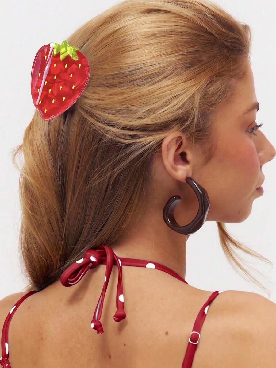1件紅色草莓醋酸纖維甜美水果可愛髮夾,優雅半紮髮多功能髮夾,夏季髮飾,海灘髮夾,度假海灘抓夾 - 彩色 - 查看 1