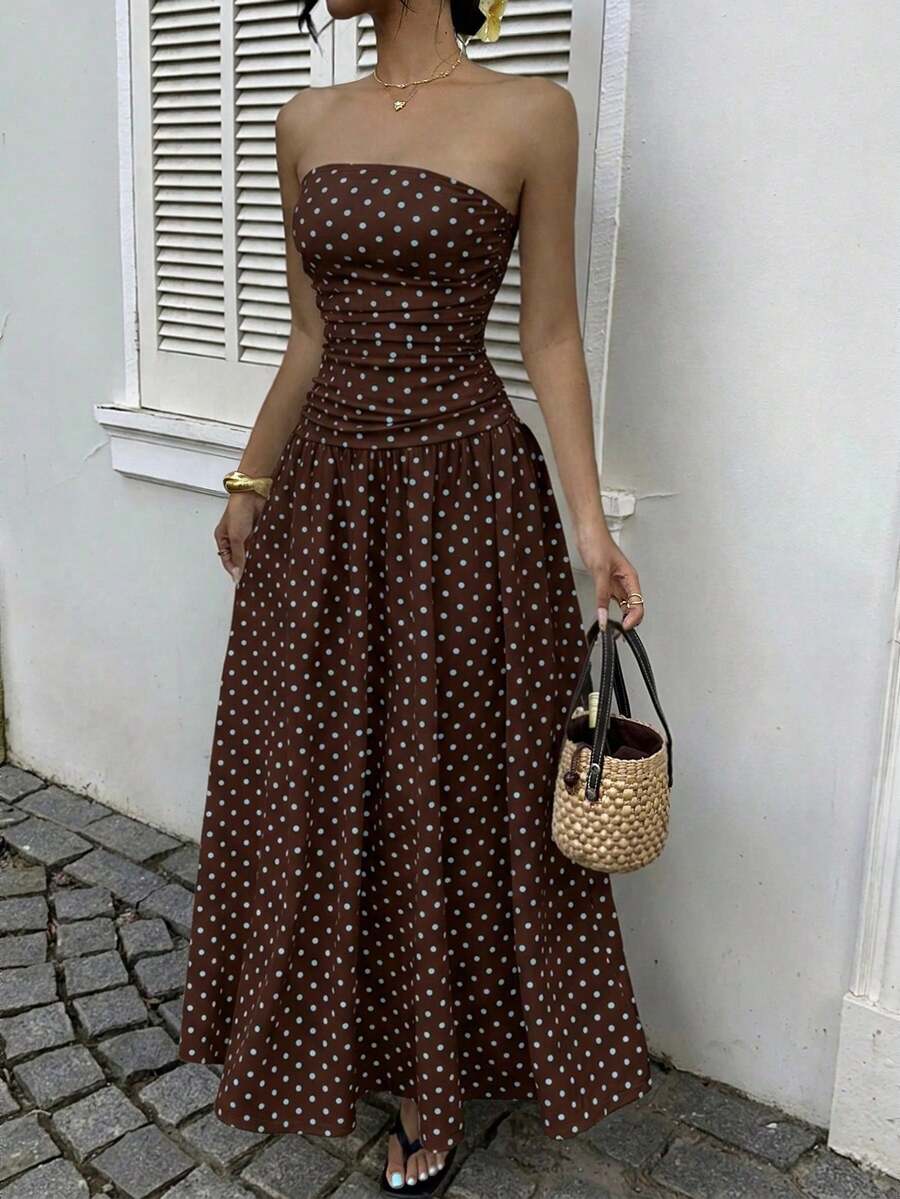 Vestido de cintura alta con estampado de lunares , estilo vacacional - Marrón Chocolate - Ver 1