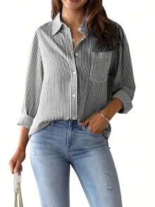 Autumn Fashion Black & White Striped Long Sleeve Shirt, Women's, Regular Fit, Lapel Collar Design, Pocket Detail, Back To School Season - Black - View 2