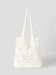Boho Hollow Knit Tote Bag With Rhinestone Shiny Decor Women Summer Beach Shoulder Bag For Vacation Party Dating Shopping Cruise Travel - Beige - View 11