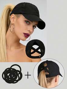 1pc Mesh Ponytail Baseball Cap, Distressed Cross Ponytail Adjustable Outdoor Sun Protection Casual Hat, Suitable For Spring And Autumn - Multicolor - View 2