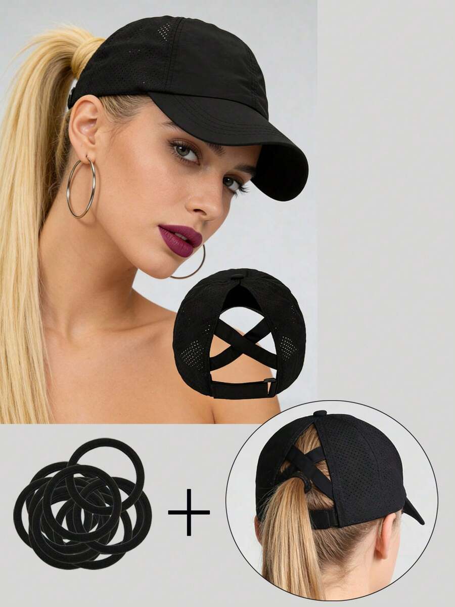 1pc Mesh Ponytail Baseball Cap, Distressed Cross Ponytail Adjustable Outdoor Sun Protection Casual Hat, Suitable For Spring And Autumn
