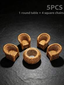 3/5pcs Mini Resin Wicker Table And Chair Set, Dollhouse Miniature Furniture Decor, Micro Landscape Decoration, Round Table With Square Or Round Chairs, Suitable For Micro Landscape Creation, Desktop Display, Photography Props, Holiday Gifts - Multicolor - View 11