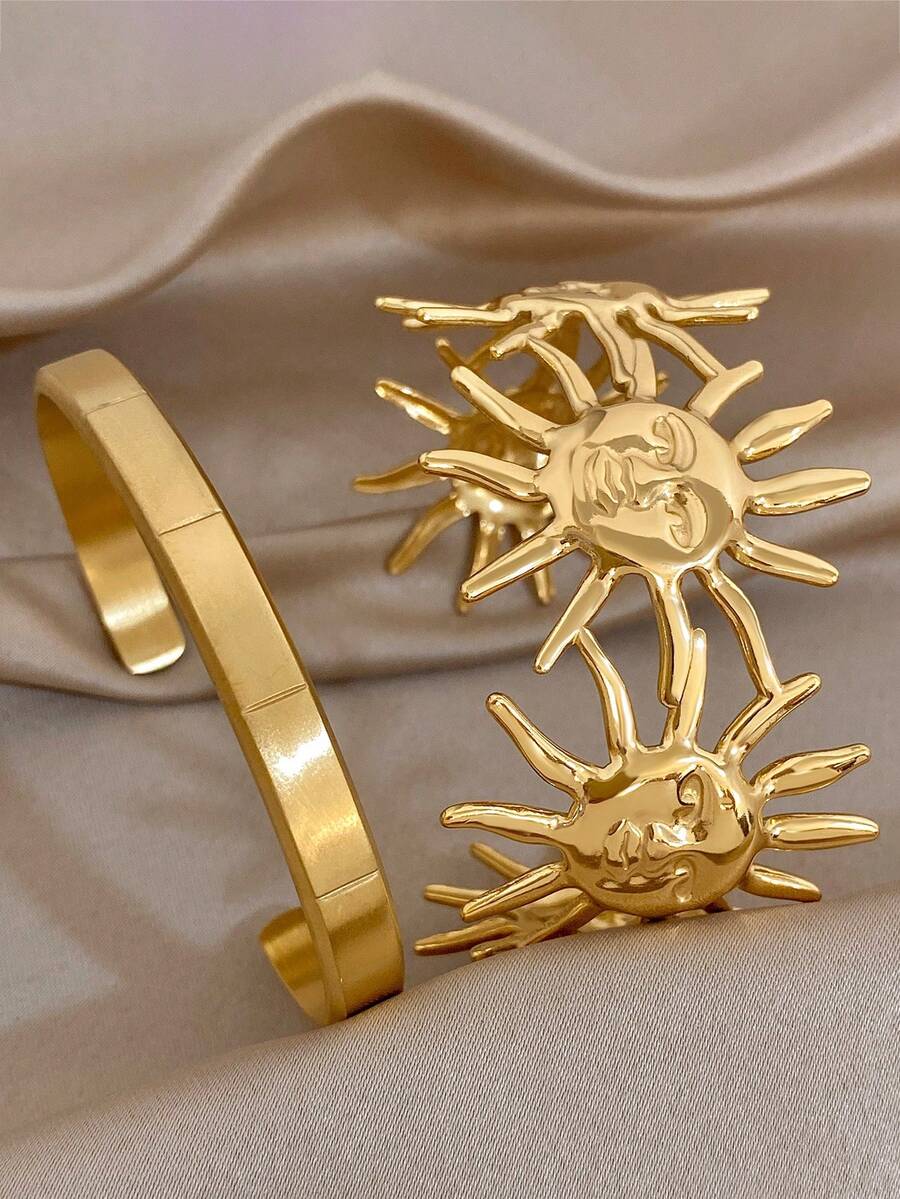 1件/2件裝簡約金色光滑太陽臉不鏽鋼手鐲組,適合女性,日常/海灘波希米亞風/派對/婚禮,媽媽禮物,情人節生日 - 彩色 - 查看 1