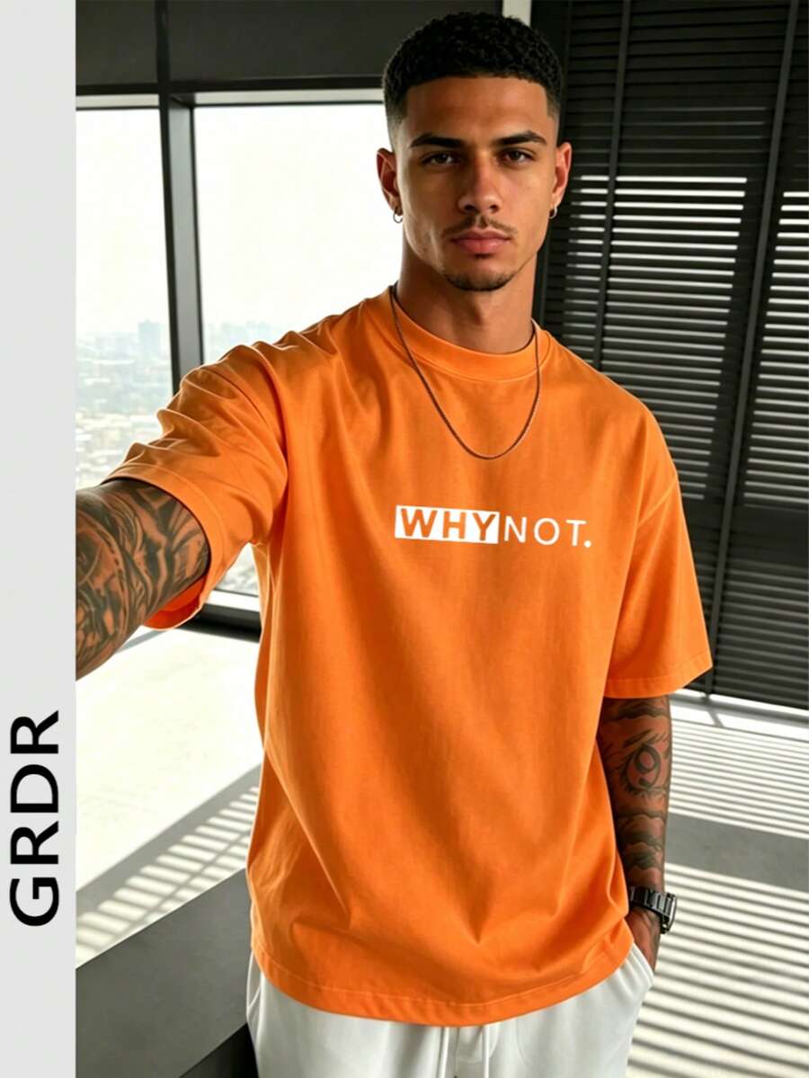 GRDR Men's Summer Letter Slogan Graphic Print Round Neck Short Sleeve T-Shirt, Comfortable & Fashionable - Orange - View 1