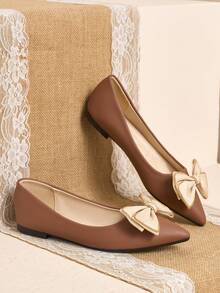 Pointed Toe Low Vamp Bow Flat Shoes, Delicate Satin Texture Soft And High-End, Versatile Shoes. - Dark Brown - View 4