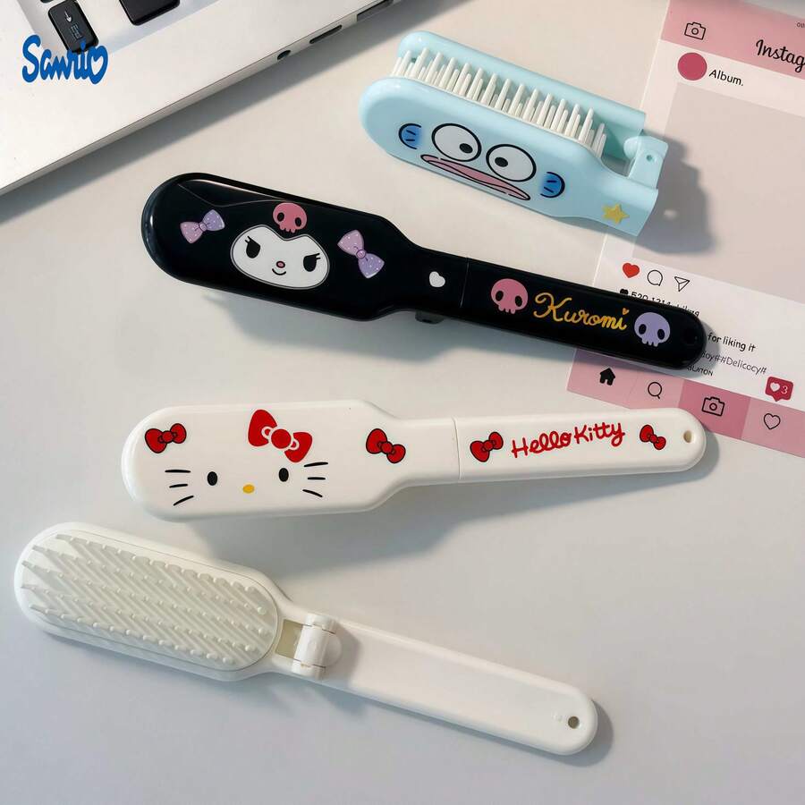 SANRIO 迷你便攜可愛三麗鷗角色折疊髮梳,塑膠旅行梳,Hello Kitty、Kuromi 與 Pochacco 圖案,馬卡龍色卡通設計,適合日常理髮與梳理,適用生日派對、聖誕禮物與兒童假期 - A - 查看 1