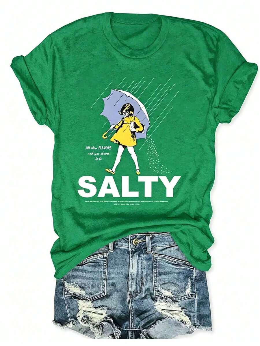 Plus Size Salty With Umbrella Graphic Tee - Vintage Style Summer Beachwear For Women, Perfect For Vacation And Everyday Wear, T-Shirt-Unisex - 綠色 - 查看 1