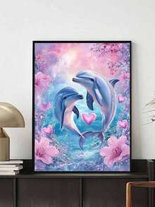 1套DIY海豚海灘場景5D鑽石畫套裝，圓形閃亮鑽石貼條工具，鮮豔海洋主題畫布藝術，適合初學者，適合臥室和客廳裝飾，無框，海豚裝飾 - 彩色 - 查看 13