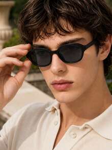 Men's Retro Small Oval Sunglasses, Thick Frame Rounded Sunglasses, Tea Grey Dark Lenses, Driving, Self-Driving, Shopping, Commuting Accessories - Multicolor - View 4