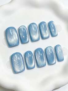 Shecass 10pcs High-Quality Square Handmade Nails Press On Nails Blue Nails Cat-Eye Nude Nails Y2K Style Summer Nails, Daily Wear, Graduation, Travel, Holidays, Gifts Suitable For Parties And Music Festivals Back To School - Multicolor - View 3