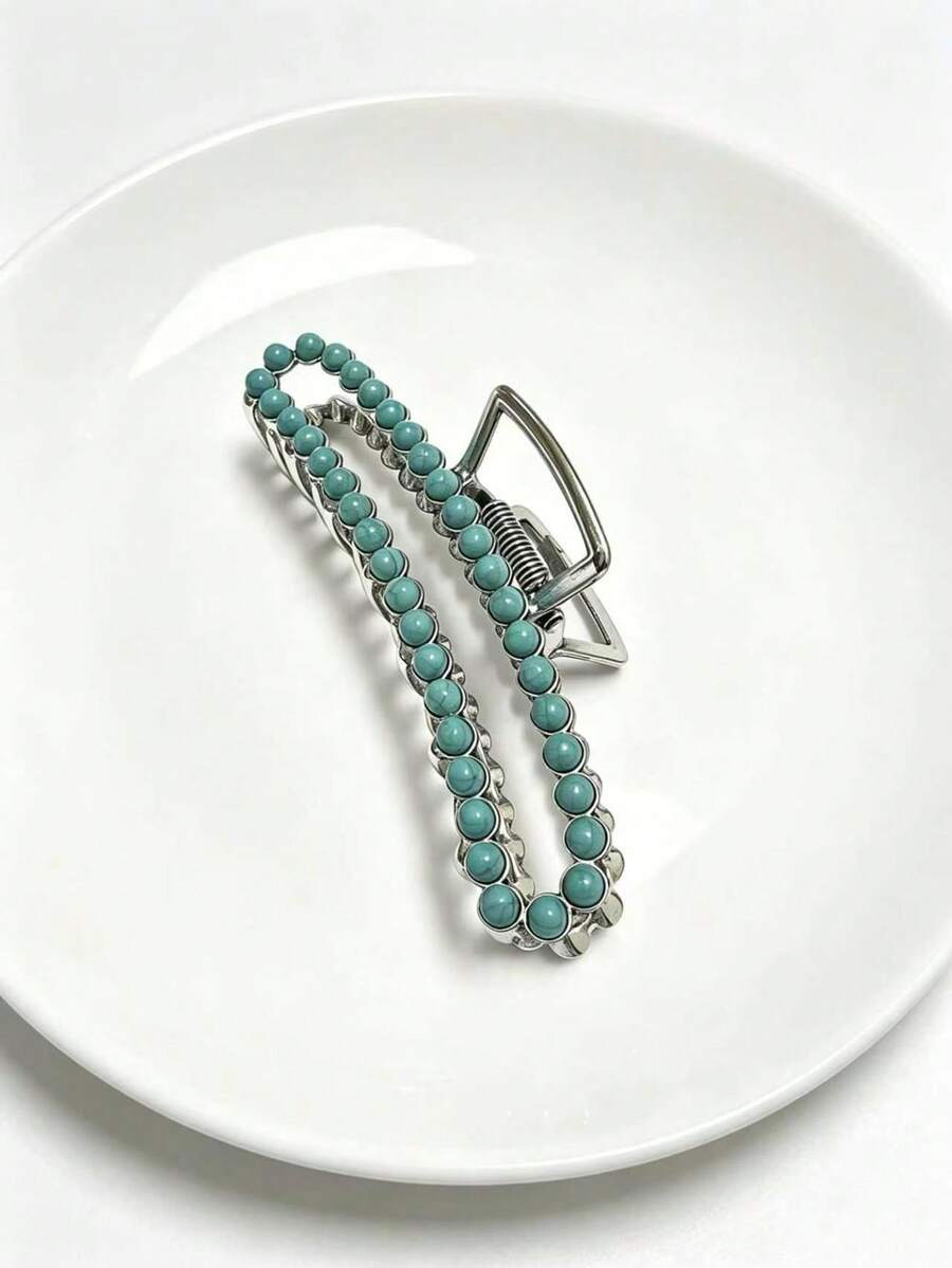 Vintage Turquoise Beaded Hair Clip, Metal Non-Slip Claw Clip, Western Cowboy Style Hair Clip