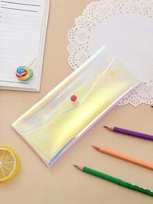 1PC Shiny Transparent Button Pencil Case | Holographic Transparent PVC Storage Bag, Stationery Pouch, Back To School Season - Multicolor - View 10