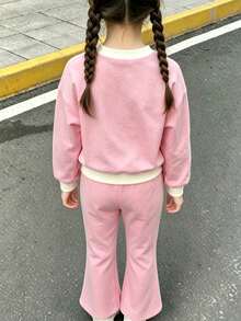 Young Girl Casual Minimalist Pink Mini Cartoon Pattern Colorblock Cream Apricot Striped Short Sleeve Crew Neck Long Sleeve And Pants Set - Pink - View 2