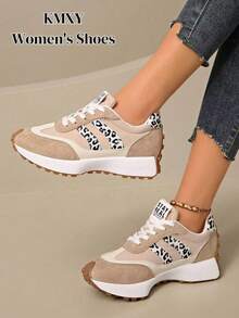 Women's Comfortable Lace-Up Sneakers - Lightweight Multifunctional Casual Shoes, Non-Slip Rubber Sole, Suitable For All Seasons - Leopard Print Beige - View 7