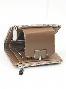 Dompet Pendek Wanita, Tekstur Kain Anyaman Jerami, Bahan PU Lembut dan Indah, Kancing Jepret Ganda, Resleting Ganda, Kapasitas Besar, Dompet Multifungsi, Tempat Kartu, Tas Genggam Minimalis Ringan, Cocok untuk Hadiah Liburan - Coklat - View 5