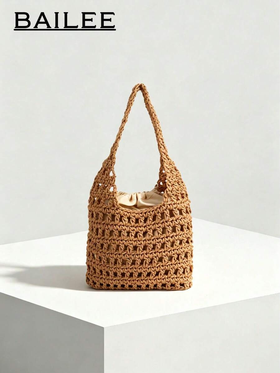 BAILEE A Stylish, Casual, Vacation-Themed, Hand-Knitted, Open-Work Beach Bag With A Corded Inner Pocket. An Excellent Gift Choice.