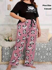 Plus Size Casual Comfortable Cartoon Print Short Sleeve Pink Print Long Pants Women's Loungewear 2 Pieces Pajama Set - Black - View 1
