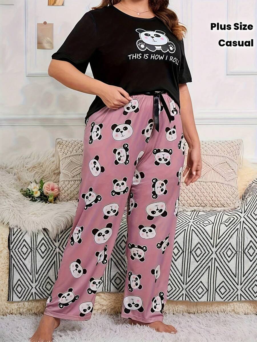Plus Size Casual Comfortable Cartoon Print Short Sleeve Pink Print Long Pants Women's Loungewear 2 Pieces Pajama Set - Black - View 1