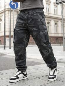 Pantaloni cargo casual da uomo taglie forti con mimetica, gamba dritta ampia, vita elastica con coulisse, pantaloni lunghi con tasche multiple - nero - Visualizzare 7