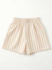 2pcs/Set Girls Toddler Vacation Style T-Shirt & Striped Shorts Set - Apricot - View 4