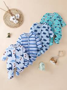 Bộ 4 bộ jumpsuit trẻ em có chân, họa tiết khủng long động vật hoạt hình dễ thương in toàn thân - Nhiều màu - Xem 1