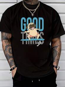 Tricou oversize casual de vară pentru bărbați, din bumbac pur, cu mânecă scurtă, imprimare grafică cu câine pug pe surf și mesaj "Good Times" - Negru - Vizualizare 6