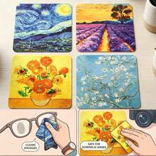 Van Gogh Art Print Microfiber Glasses Cleaning Cloth, 4pcs, Starry Night & Sunflower Pattern, Reusable Glasses Camera Phone Screen Lens Wiping Cloth - Multicolor - View 3