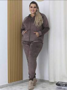 Pietra Plus Size Fleece Set, Autumn/Winter Collection, Women's Fashion, Super Versatile - Óxido marrón - Ver 3