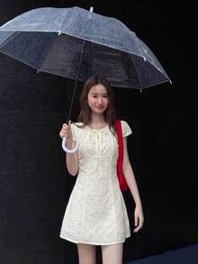YCYC 韓系蝴蝶結裝飾女款百搭寬鬆後拉鍊短袖短洋裝 - 杏色 - 查看 3