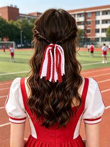 2pcs White Red Hair Ties Curly Tassel Elastic Bands Word Cup Headwear Cheerleading Headwear Sport Style Hair Ties Daily Hair Accessories - Red - View 2