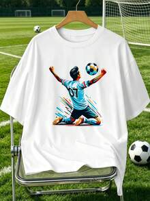 Herren-T-Shirt Mit Fu?Ball-Grafikprint, Frühling, Premium-Baumwolle, Lockere Passform, Atmungsaktiv, L?Ssig, Auff?Lliger Print - White - View 2