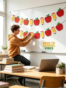 1 pieza Bandera decorativa de lápiz & manzana para regreso a la escuela, decoración de aula para el primer día de escuela, suministros para fiesta, decoración de aula y hogar para maestro de 1er grado, banner de desayuno - Multicolor - Ver 3