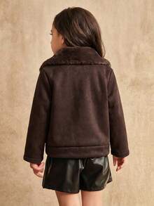 Girls' Casual Fashion Loose Fuzzy Collar Long Sleeve Jacket, Autumn/Winter - Coffee Brown - View 2