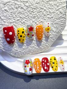 10pcs Y2K Dopamine Press-On Nails, Colorful Polka Dot And 3D Star Design Fake Nails, Reusable Oval Nails For Daily Manicure (1 Jelly Sticker + 1 Nail File) Handmade Press On Nails - Multicolor - View 2