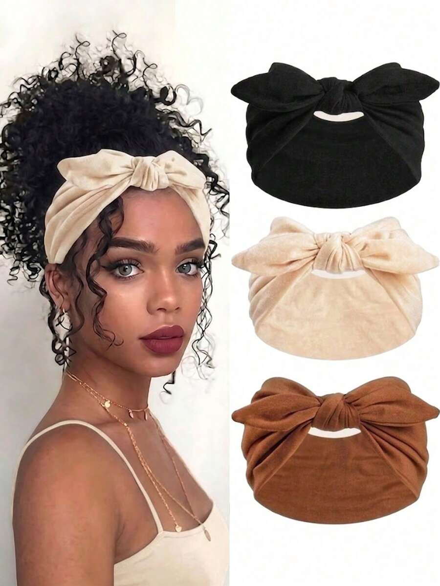 3pcs/Set Women's Bow Rabbit Ear Headband, Bohemian Style Wide Headscarf, Ultra-Wide Cute Rabbit Ear Knot Headband, Mother's Day Women's Headpiece, Easter Rabbit Ear Hair Accessory, Spring/Summer Hair Accessory, Summer Women's Sweat-Absorbing Band, African Style Wide Headscarf, Hair Accessory, Elastic Solid Color Bow Hair Clip, Suitable For Women, Fitness/Yoga/Sports/Outdoor Headband, Solid Color Casual Fashion All-Season Style
