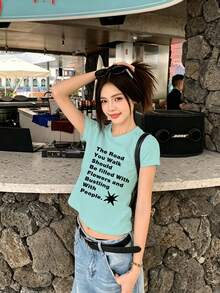 美式極簡字母印花女款 Y2K T恤，夏季街頭風辣妹修身顯腰 Regular 肩短袖休閒上衣 - 薄荷綠 - 查看 5