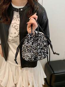 Women's Drawstring Mini Crossbody Bucket Bag, Quilted Pattern, Daily Outdoor Use - Silver - View 3