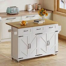 Kitchen Island With Fold-Down Worktop, Equipped With 5 Lockable Casters, 4 Doors, 3 Drawers, Door Shelf, Double-Sided Towel Rails, Barn Style Design, White, 140x43(70)X90.5 Cm. - White - View 3
