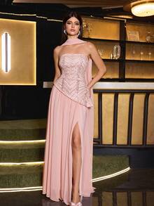 Elegant Strapless Sequin Patchwork Dress With Flared Hem And Pearl Decor, 2 In 1 With Flowing Sash Pink Wedding Party Fall - Pink - View 4