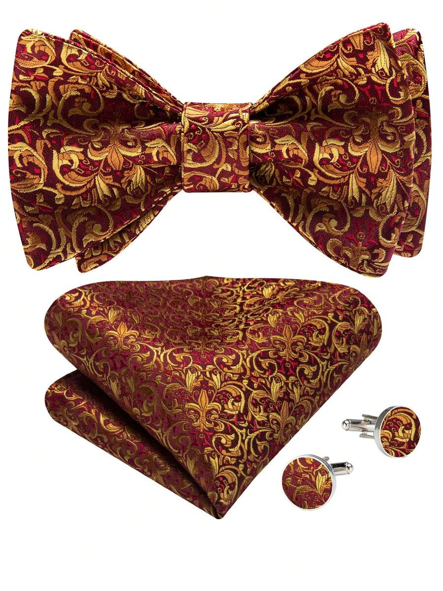 3PCS Men's Floral Bow Tie Set With Complete Matching Kit, Classic Neck Set For Theme Parties, Backyard Wedding And Anniversary Gift - Orange - View 1