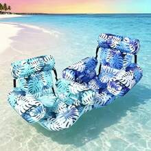 1pc Inflatable Water Floating Lounge Chair With Headrest & Armrest, Foldable Pool Inflatable Recliner Chair,Tropical Print Swimming Floating Bed For Beach Pool Party Vacation,Blue&Green&Red - Leaf - View 1