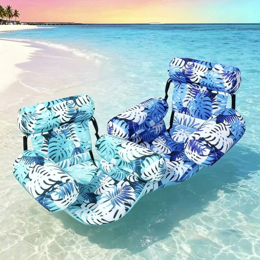 1pc Inflatable Water Floating Lounge Chair With Headrest & Armrest, Foldable Pool Inflatable Recliner Chair,Tropical Print Swimming Floating Bed For Beach Pool Party Vacation,Blue&Green&Red - Leaf - View 1