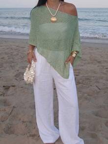Women's Casual Sexy Shiny Lightweight Textured Solid Color Hollow Knit Cropped Top With Batwing Sleeves, Suitable For Summer Vacation & Beach - Green - View 2