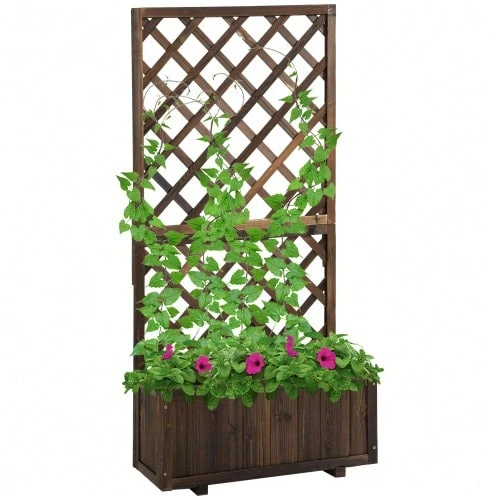 Raised Planter With Trellis, Wooden Flower Box 72.5 X 31.5 X 149.5 Cm, Ideal For Climbing Plants And Roses In The Garden. - Brown - View 1