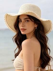 1pc Women's Straw Hat, Bohemian Polyester Fiber Fashion Outdoor New Style, Wide Brim Personalized Sun Protection Breathable Straw Hat, Suitable For Daily Outdoor Use - MZ923 - View 1