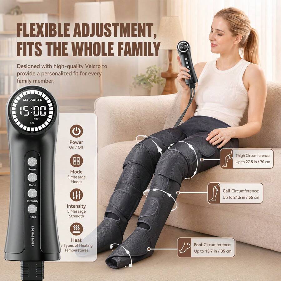 Air Compression Leg And Foot Massager, 8 Airbags Full Wrap Calf Massage Boots With Heating, 5 Adjustable Intensity Levels, 3 Heating Settings, Home Electric Massage Device - Black - View 1